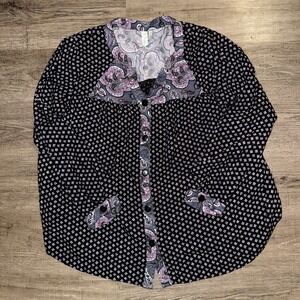 Sahalie Button Down Rayon Peasant Blouse size M Made In India Black Paisley